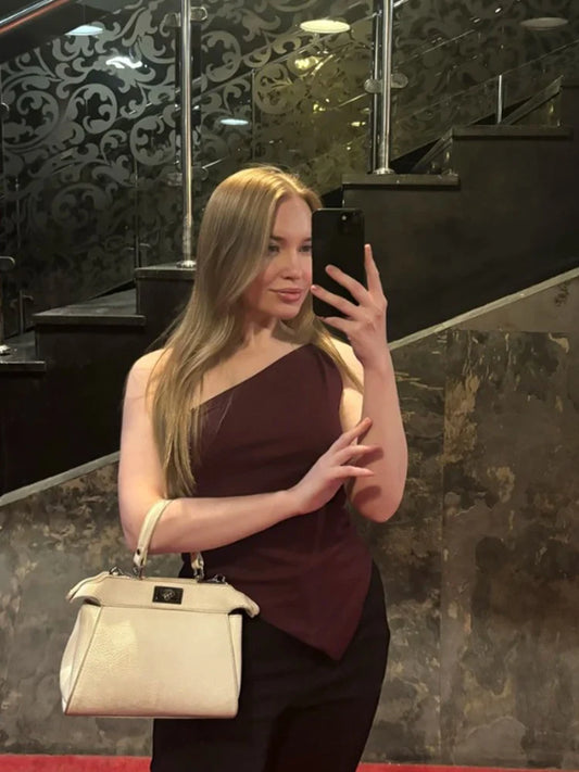 2025 Fashionable Women's Casual T-Shirt Solid Color Single Shoulder Asymmetrical Slim Fit One-Piece Neck Top