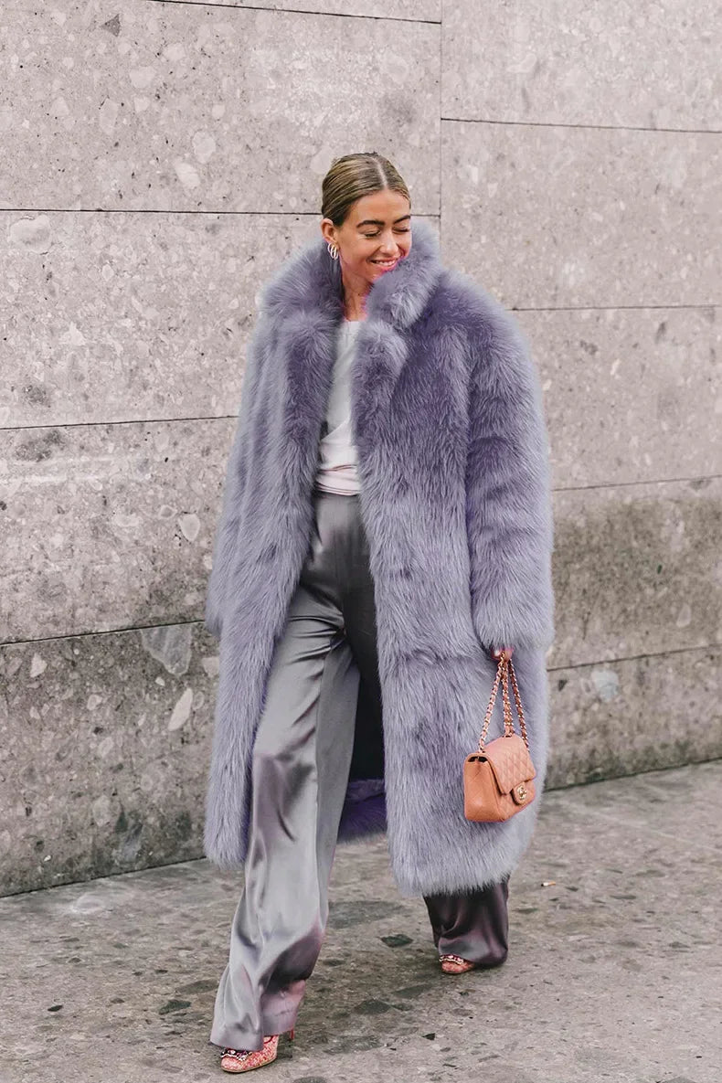 Women  Thick Faux Fur Jacket Colorblock Autumn Winter Maxi Coat Long Warm Luxury Fur  Outerwear