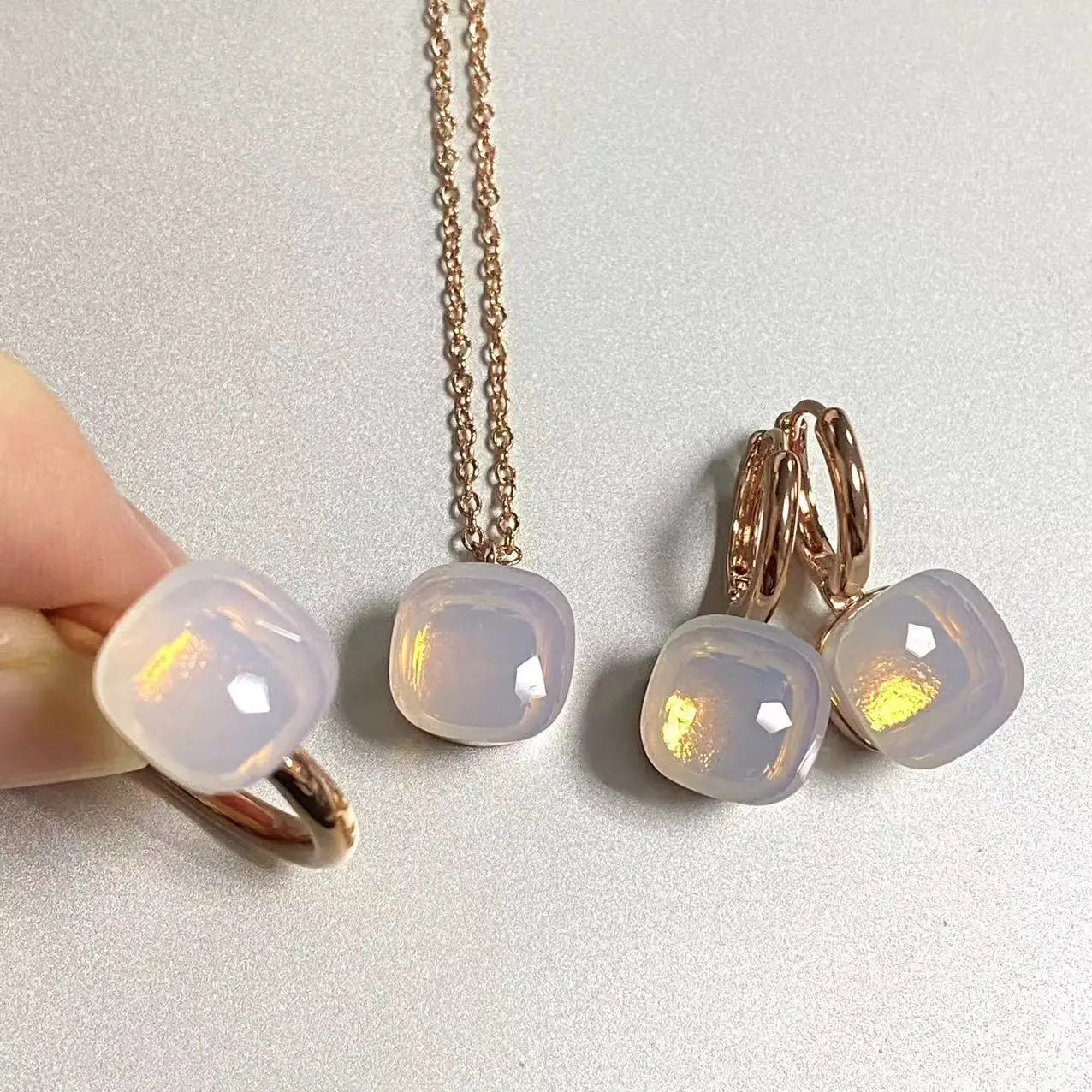 3Pcs/Set Women Ring Earrings Necklace Jewelry Set 34Colors Pink Crystal Jewelry Set Rose Gold Plated Jewelry