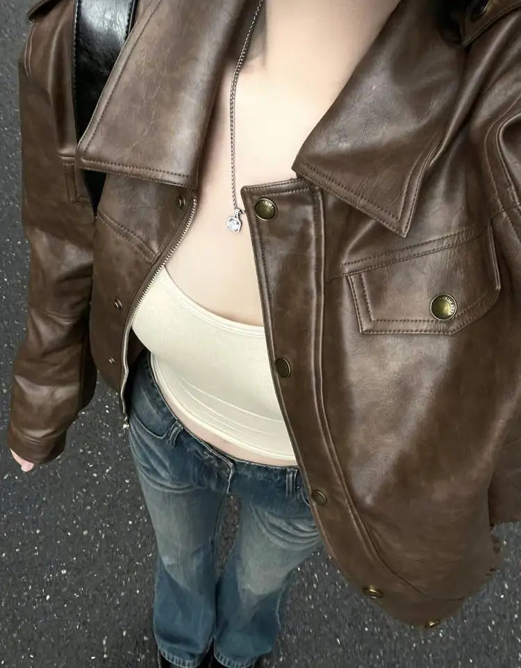 Pu Faux Leather Coat Women Casual Solid Jackets Long Sleeves Turn Down Collar Single Breasted Straight Streetwear 2025 Autumn