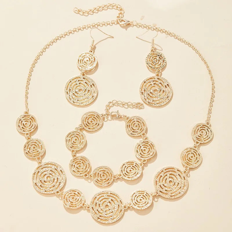 Simple Fashion Creative Line Round Retro Elegant Earrings Necklace Bracelet Set for Women's Holiday Party Jewelry Gift