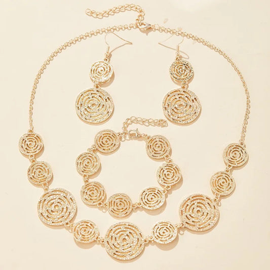 Simple Fashion Creative Line Round Retro Elegant Earrings Necklace Bracelet Set for Women's Holiday Party Jewelry Gift