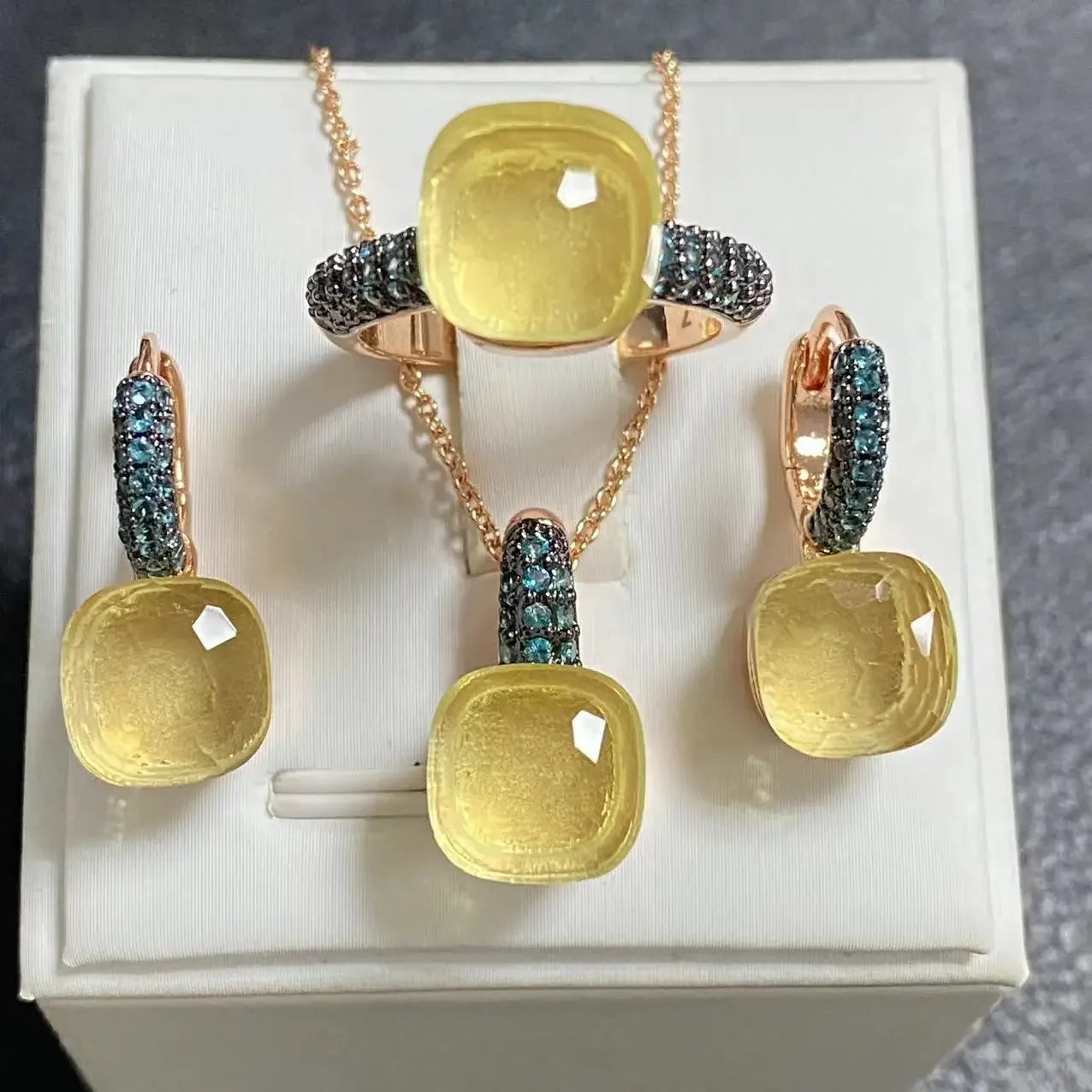 3Pcs Gun Black Plated Blue Zircon Jewelry Set for Women Includes Ring Earrings Necklace Elegant Crystal Blue Topaz Matching Gift