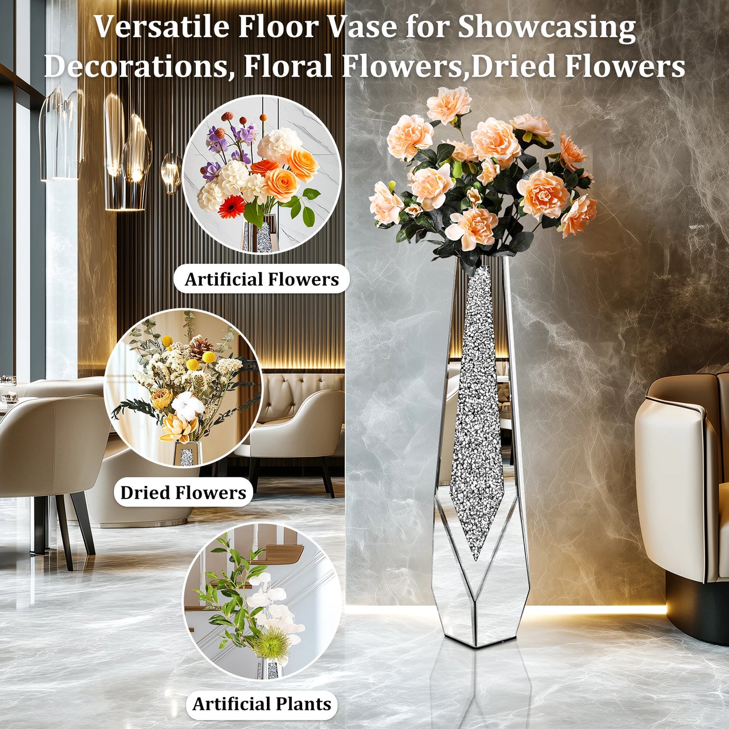 Tall Floor Mirror Vase, Large Crushed Diamond Glass Vase for Home Decor Modern Crystal Centerpiece for Living Room Wedding Hotel