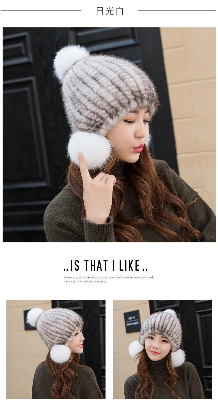 Mink Fur Hat Women Winter Thickened Ear Protection Hat Natural Fur Knitted Caps With Pom Pom Fox Ball Fashion Beanies Fur Hats