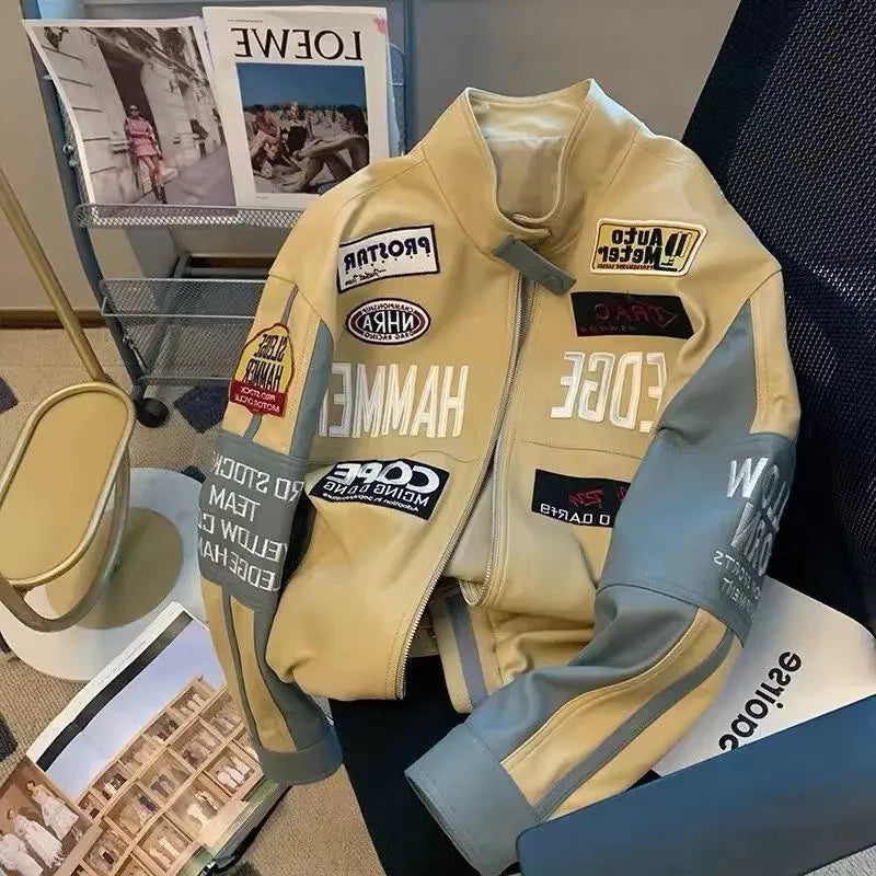 Motorcycle pu leather jacket coat baseball jacket pink american style women autumn and winter fried street high level clothes