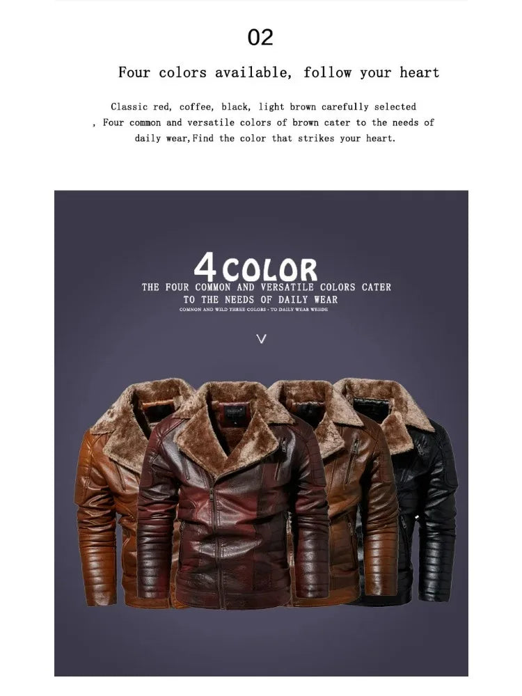 Fashion Warm Winter Mens PU Leather Jacket With Fur Collar Thicken Fleece Motorcycle Coat Casual Faux Leather Locomotive Jacket
