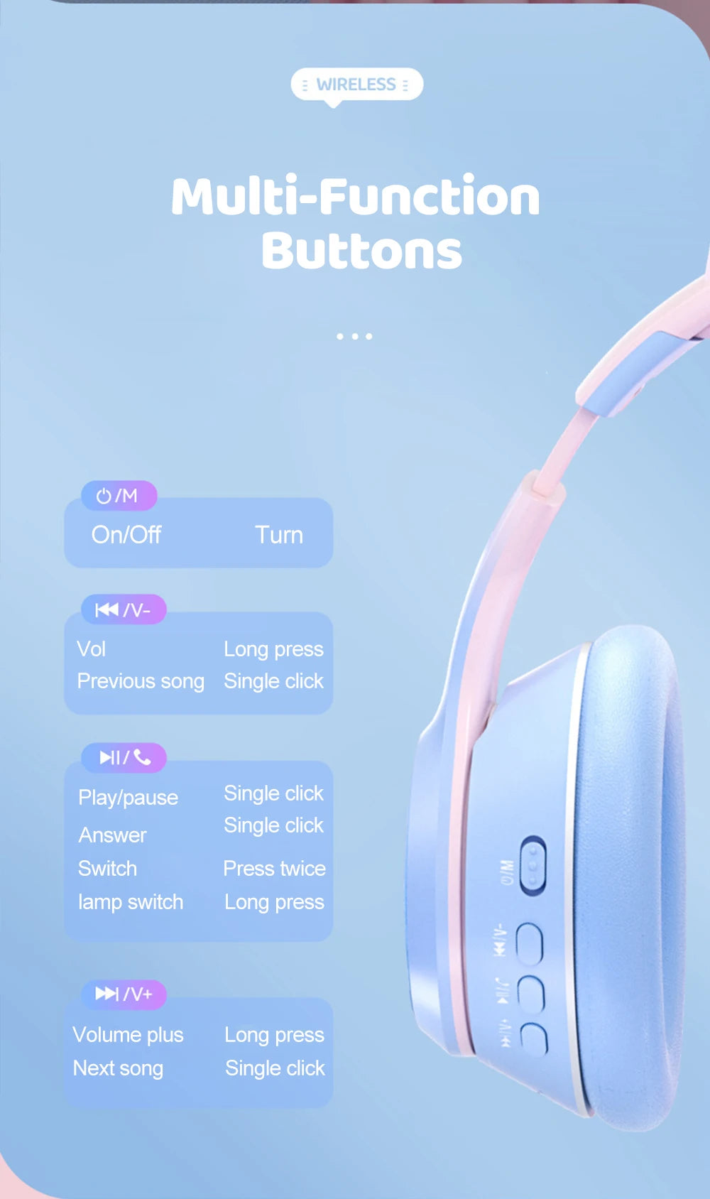 Gradient Wireless Headphones RGB Cat Ear Bluetooth Headphones With Microphone Stereo Music Game Earphone For Girls Kids Gifts