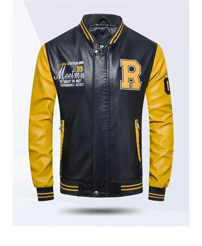 Men's American Leather Baseball Jacket Casual Color Block PU Pilot Coat Spring Autumn Leather Jacket Motorcycle Suit Jackets Men