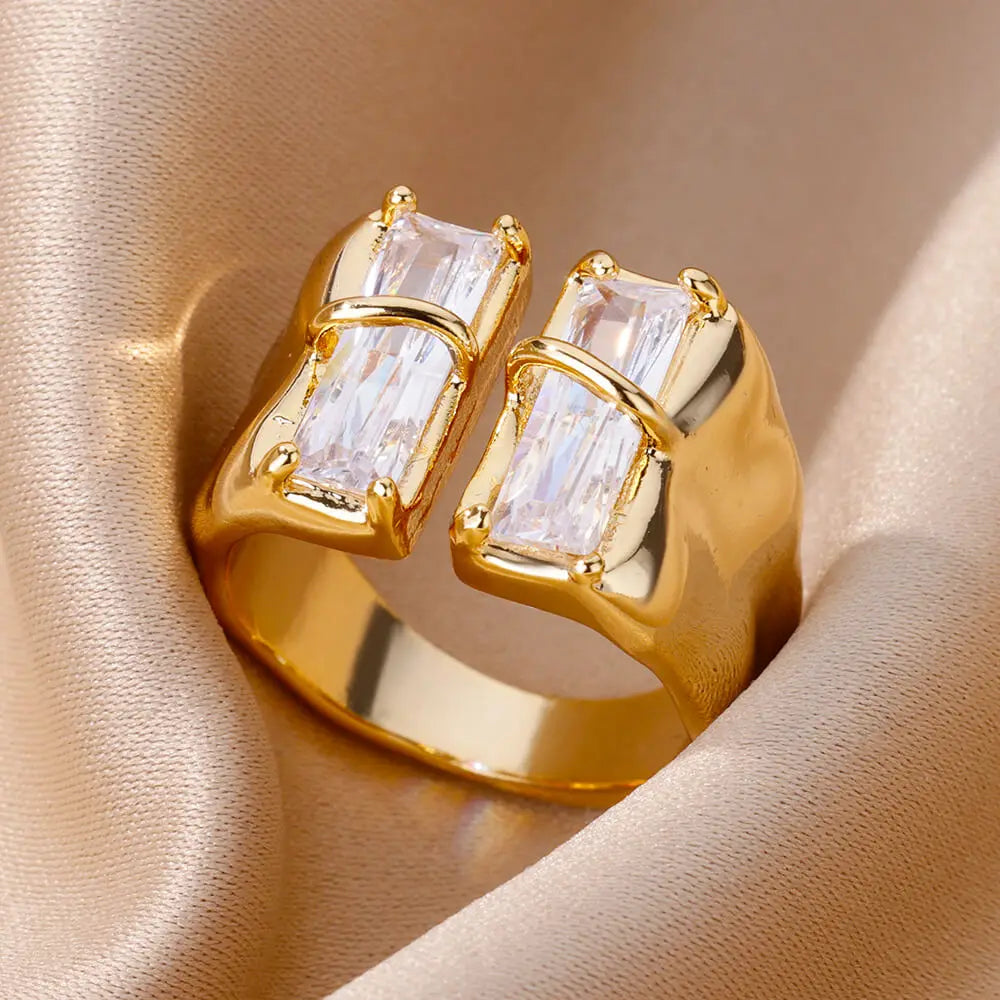 Irregular Square Zircon Ring For Women Stainless Steel Gold Plated Opening Ring Wedding Party Fashion Jewerly Gift Free Shipping