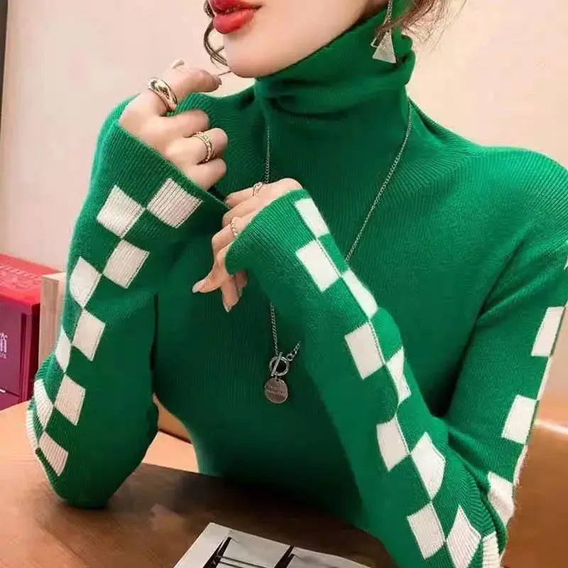 Pile Collar Plaid Bottoming Shirt Female New Autumn Winter Temperament All-match Sweater Interior Lapping Slim Turtleneck Tops