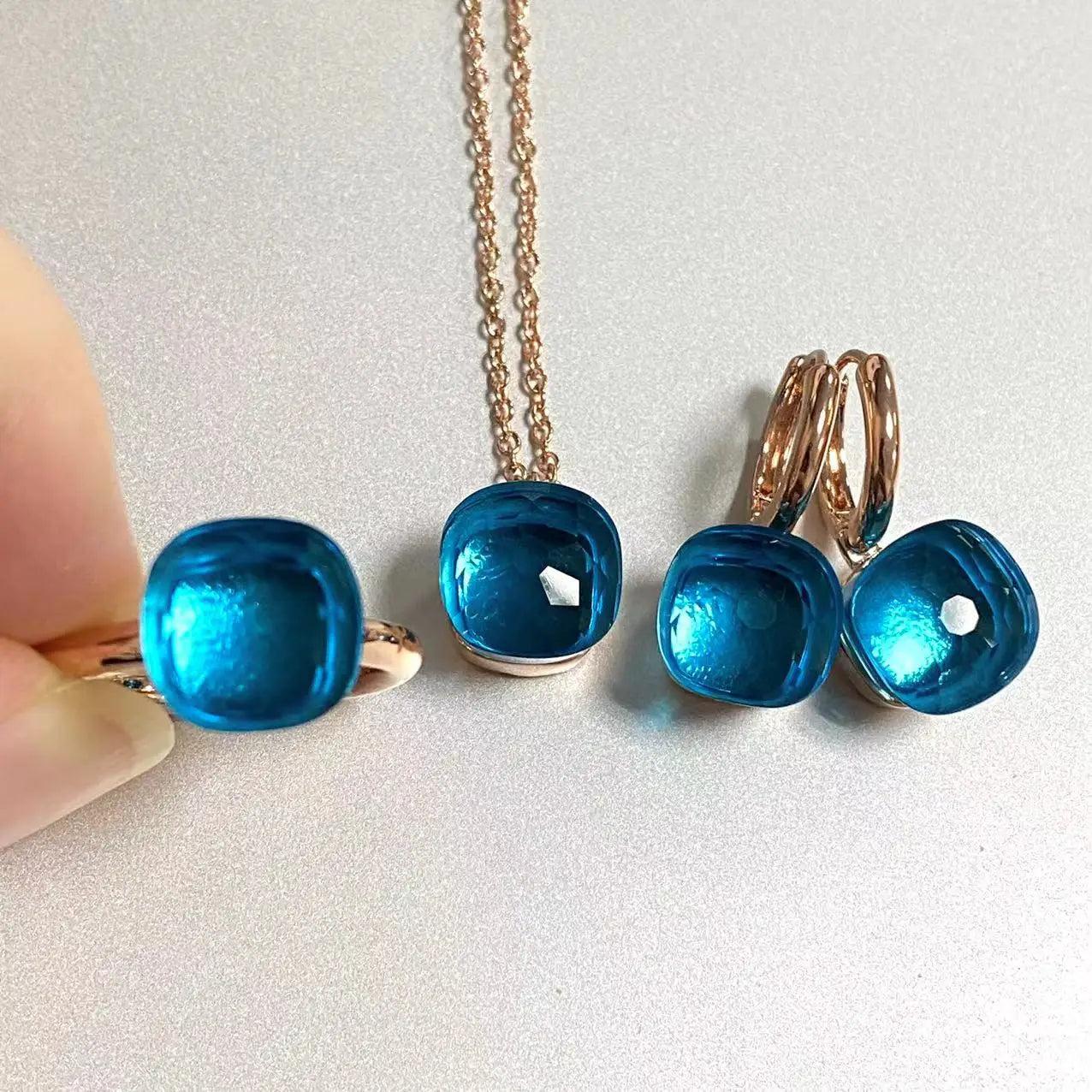 3Pcs/Set Women Ring Earrings Necklace Jewelry Set 34Colors Pink Crystal Jewelry Set Rose Gold Plated Jewelry