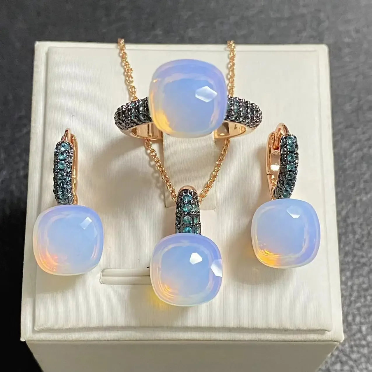 3Pcs Gun Black Plated Blue Zircon Jewelry Set for Women Includes Ring Earrings Necklace Elegant Crystal Blue Topaz Matching Gift