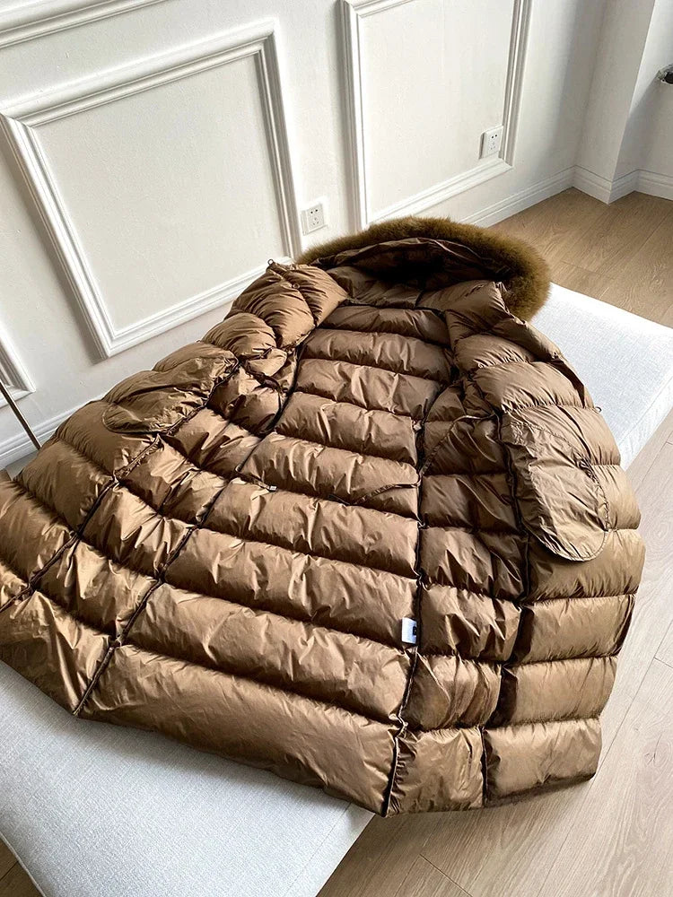 Real Fur Jacket 2024 Winter Women White Duck Down Jackets Ultra Light Warm Long Parkas Fox Fur Collar Female Hooded Snow Coats