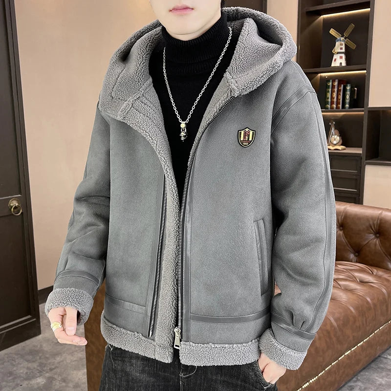 Autumn and winter fur one-piece thickened and fleece jacket for men and teenagers, gold embossed suede thickened warm jacket