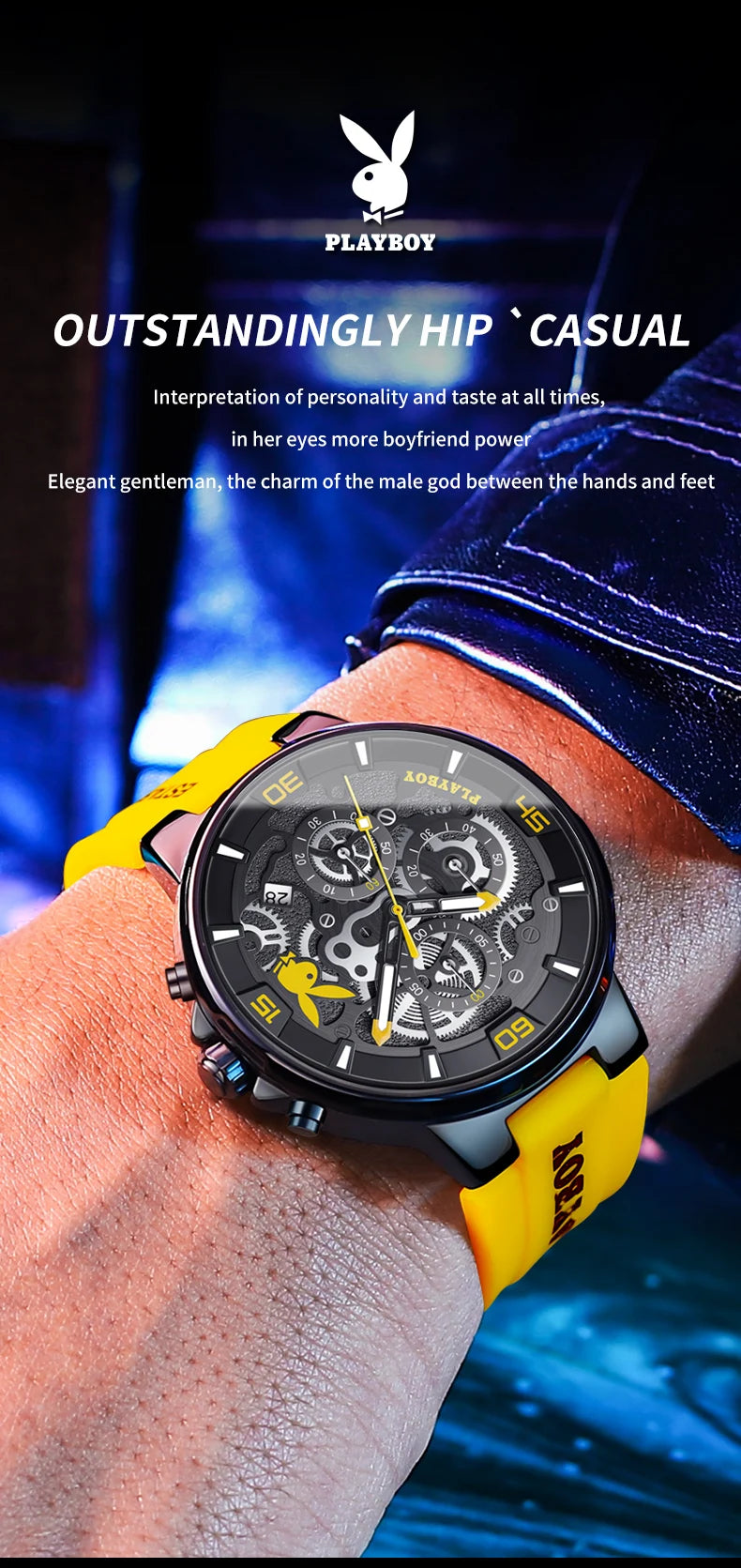 PLAYBOY Top Brand Trend Quartz Watch for Men Original Silicone Strap Men's Watches Waterproof Calendar Multifunction Male Watch