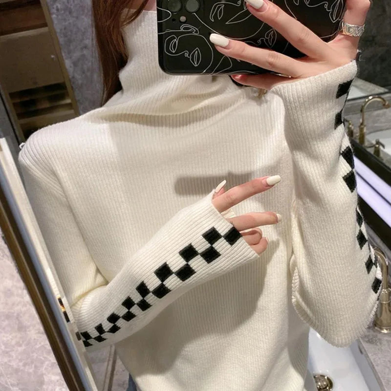 Pile Collar Plaid Bottoming Shirt Female New Autumn Winter Temperament All-match Sweater Interior Lapping Slim Turtleneck Tops