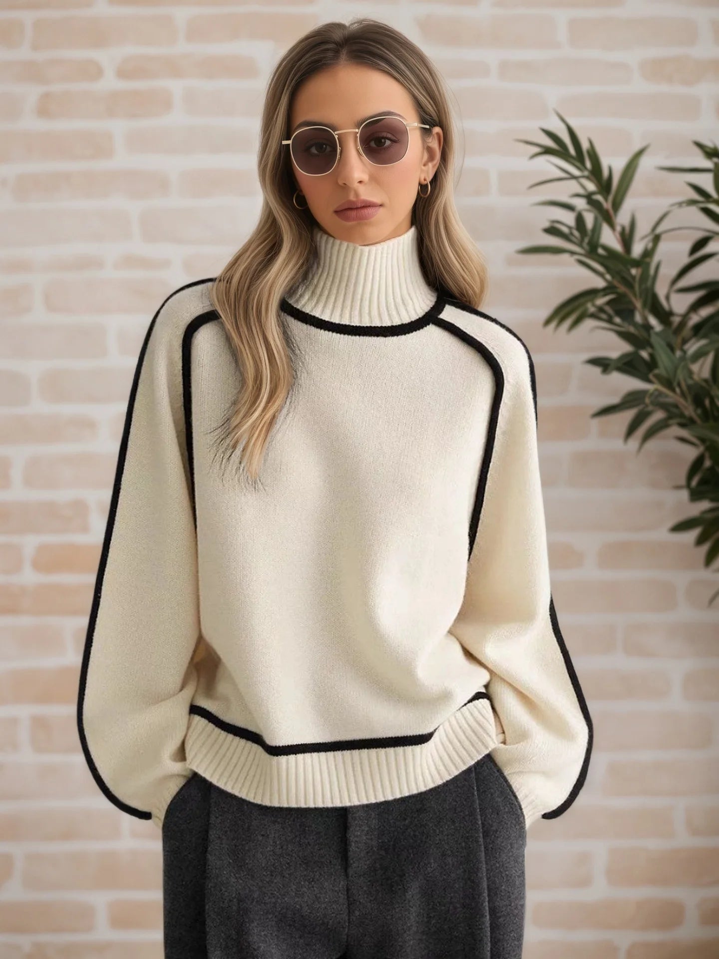 Fashion Basic Autumn Winter Color Matching Emperament Sweater High Neck Office Pullover Solid Soft Long Sleeve Clothing Tops