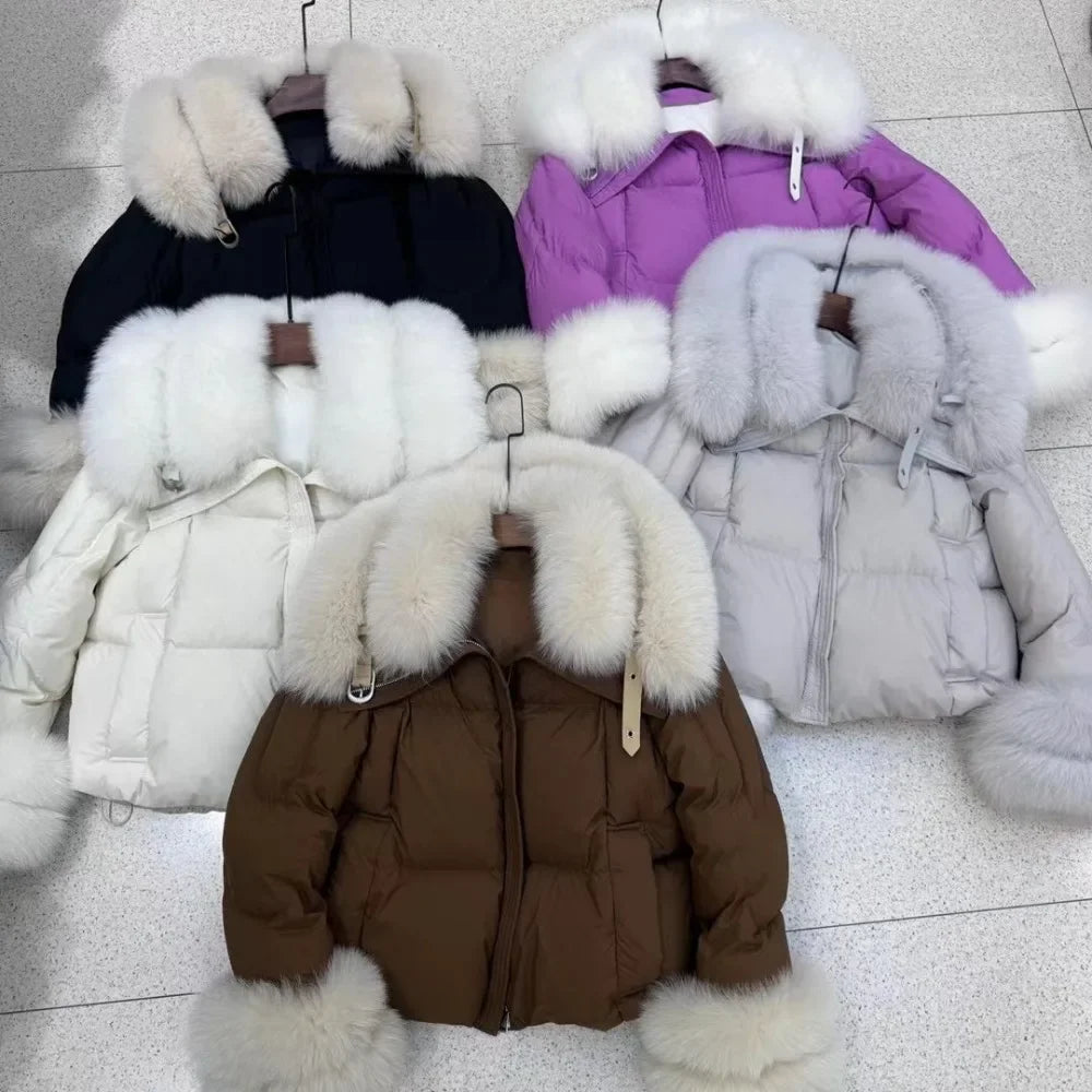 Natural Fox Fur Jacket Fashion Women Winter Luxury White Goose Down Jacket Thicken Female Casual Parkas Fur Collar Puffer Coat