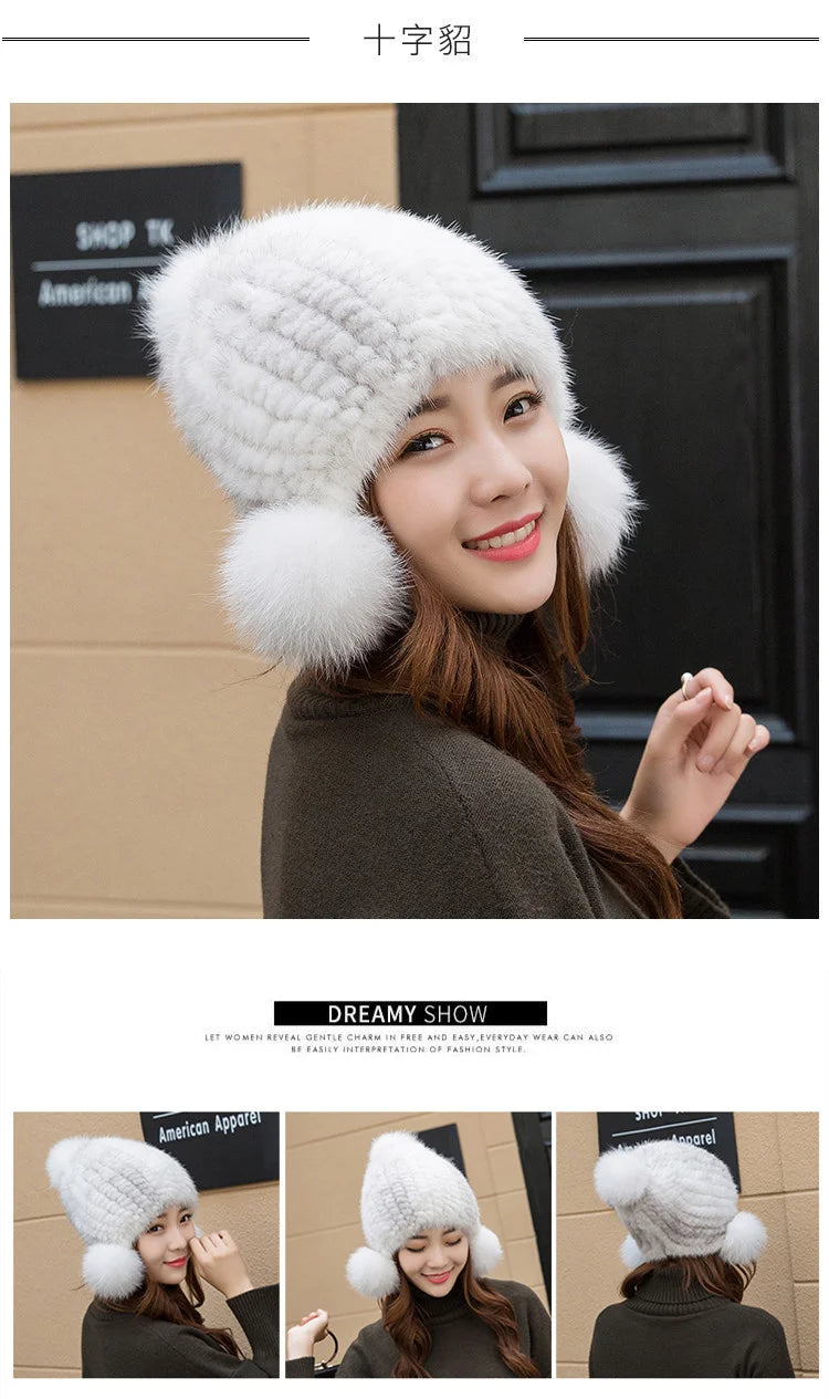 Mink Fur Hat Women Winter Thickened Ear Protection Hat Natural Fur Knitted Caps With Pom Pom Fox Ball Fashion Beanies Fur Hats