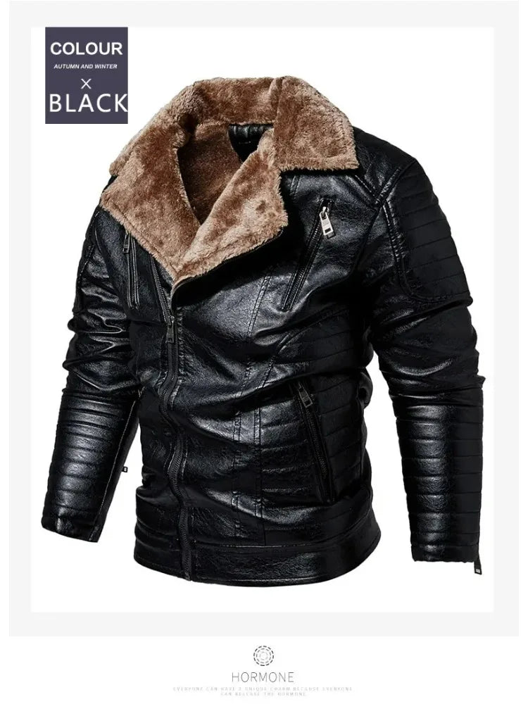 Fashion Warm Winter Mens PU Leather Jacket With Fur Collar Thicken Fleece Motorcycle Coat Casual Faux Leather Locomotive Jacket