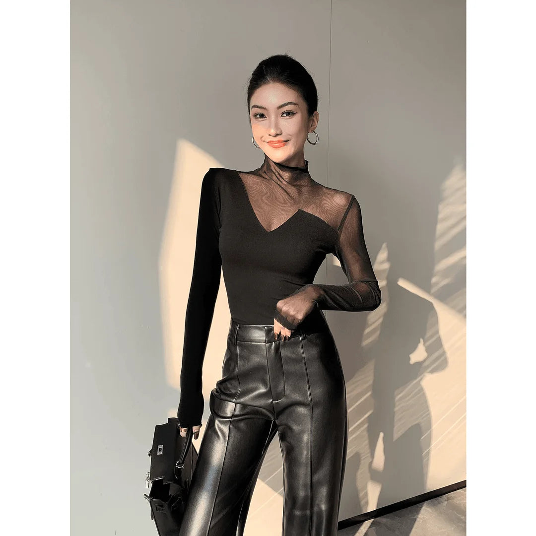 Women Korean Fashion Sexy See Through Mesh Patchwork Basic T-shirt Office Lady Black Elegant Long Sleeve Slim Tops Ropa De Mujer