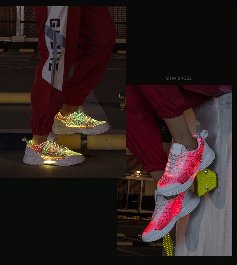 Men Fashion LED Shoes Light Up Sneakers USB Recharging Fiber OPTIC Cloth Elastic Sole Glowing Luminous Flashing Casual Shoes