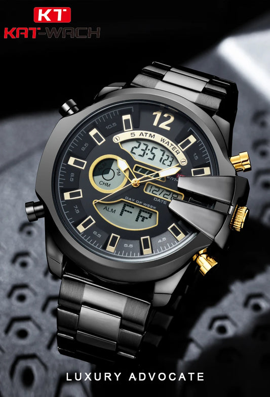 KAT-WACH double display men's watch multi-color steel strip watch led light alarm clock calendar week display