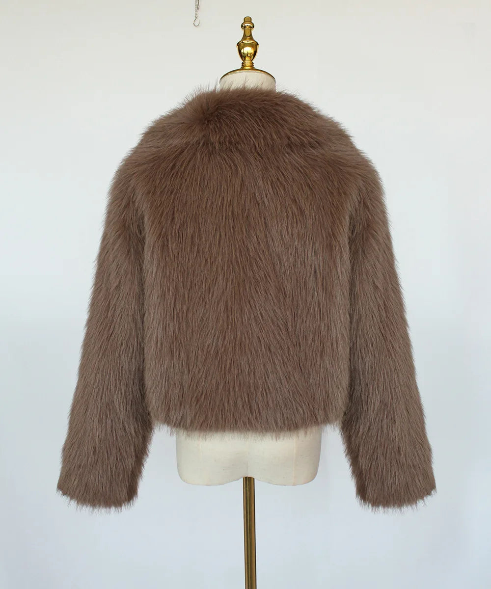 2025 Female Winter Brown Faux Fur Coat For Women Casual Long Sleeve Fluffy Plush Jacket Lady Solid Thick Fake Fur Warm Cardigan