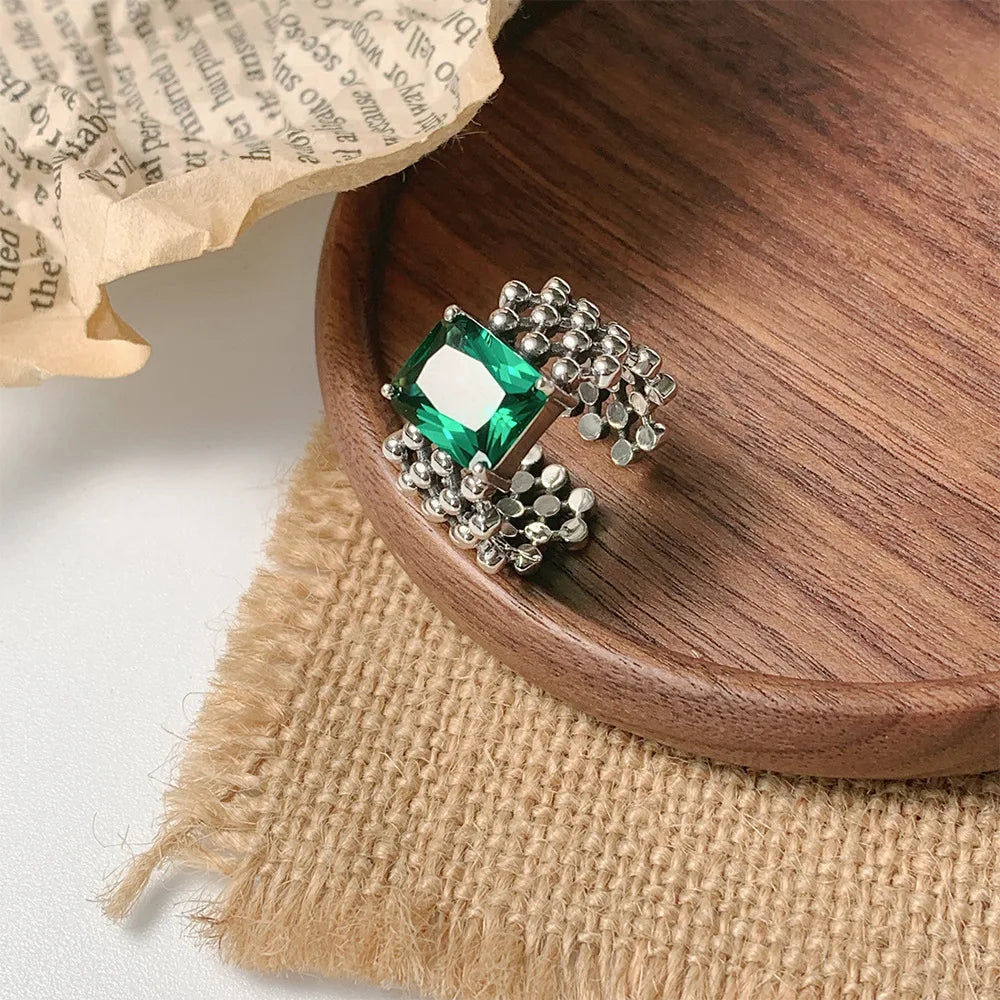 925 Sterling Silver Green Zircon Adjustable Open Rings For Women Engagement Luxury Quality Jewelry