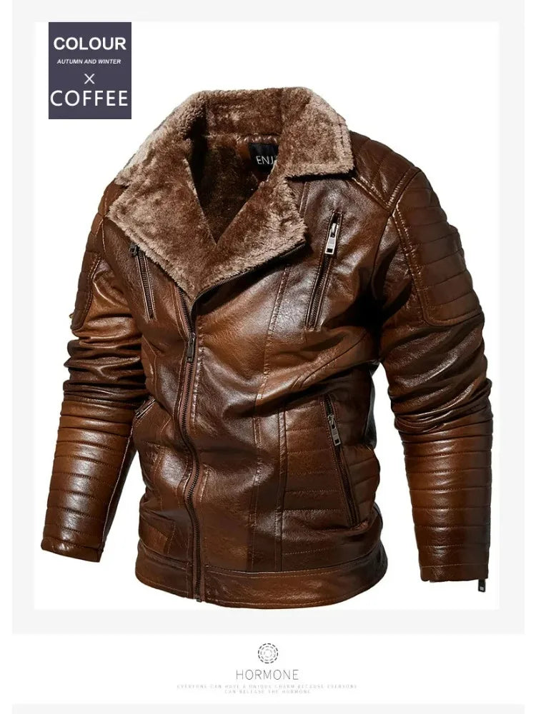Fashion Warm Winter Mens PU Leather Jacket With Fur Collar Thicken Fleece Motorcycle Coat Casual Faux Leather Locomotive Jacket