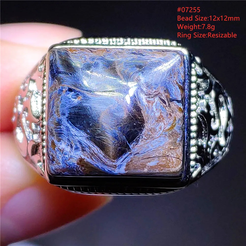 Natural Blue Pietersite Beads Adjustable Ring Woman Men Namibia Pietersite Ring Chatoyant Beads Fashion Silver Jewelry AAAAAA