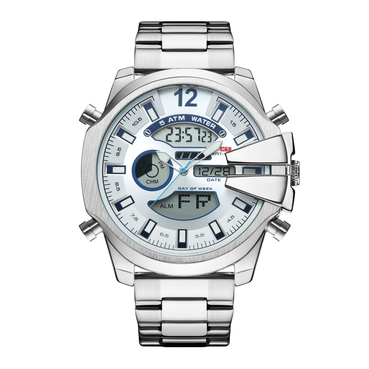 KAT-WACH double display men's watch multi-color steel strip watch led light alarm clock calendar week display