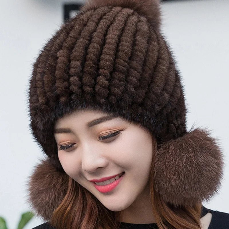 Mink Fur Hat Women Winter Thickened Ear Protection Hat Natural Fur Knitted Caps With Pom Pom Fox Ball Fashion Beanies Fur Hats