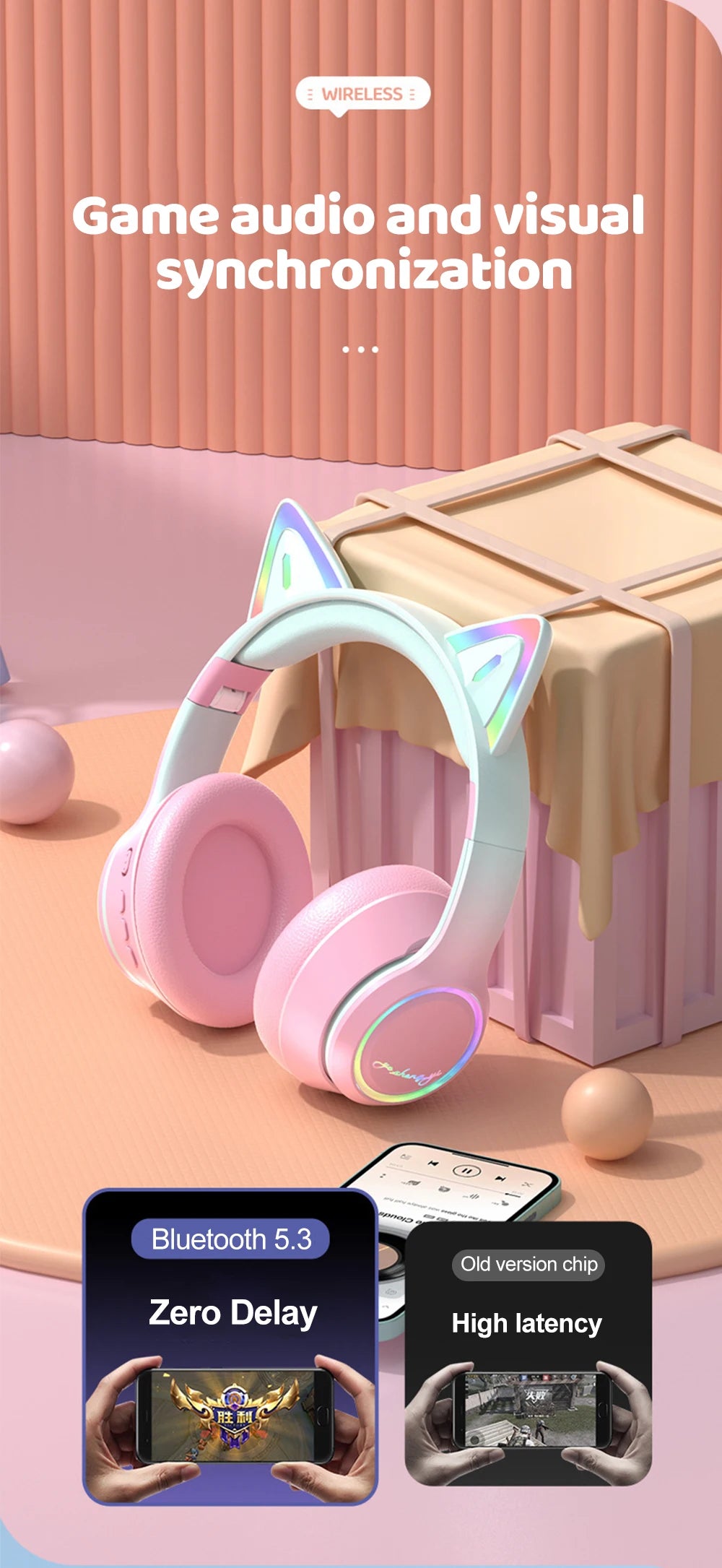 Gradient Wireless Headphones RGB Cat Ear Bluetooth Headphones With Microphone Stereo Music Game Earphone For Girls Kids Gifts