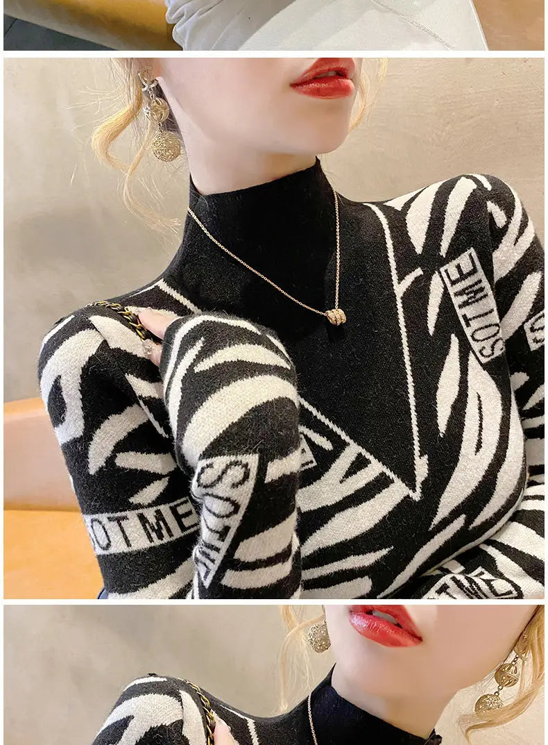 Autumn Office Lady Patchwork Knitting Turtleneck Long Sleeve Pullovers Women Clothes Fashion Letter Slim Top Tee Ladies Sweater