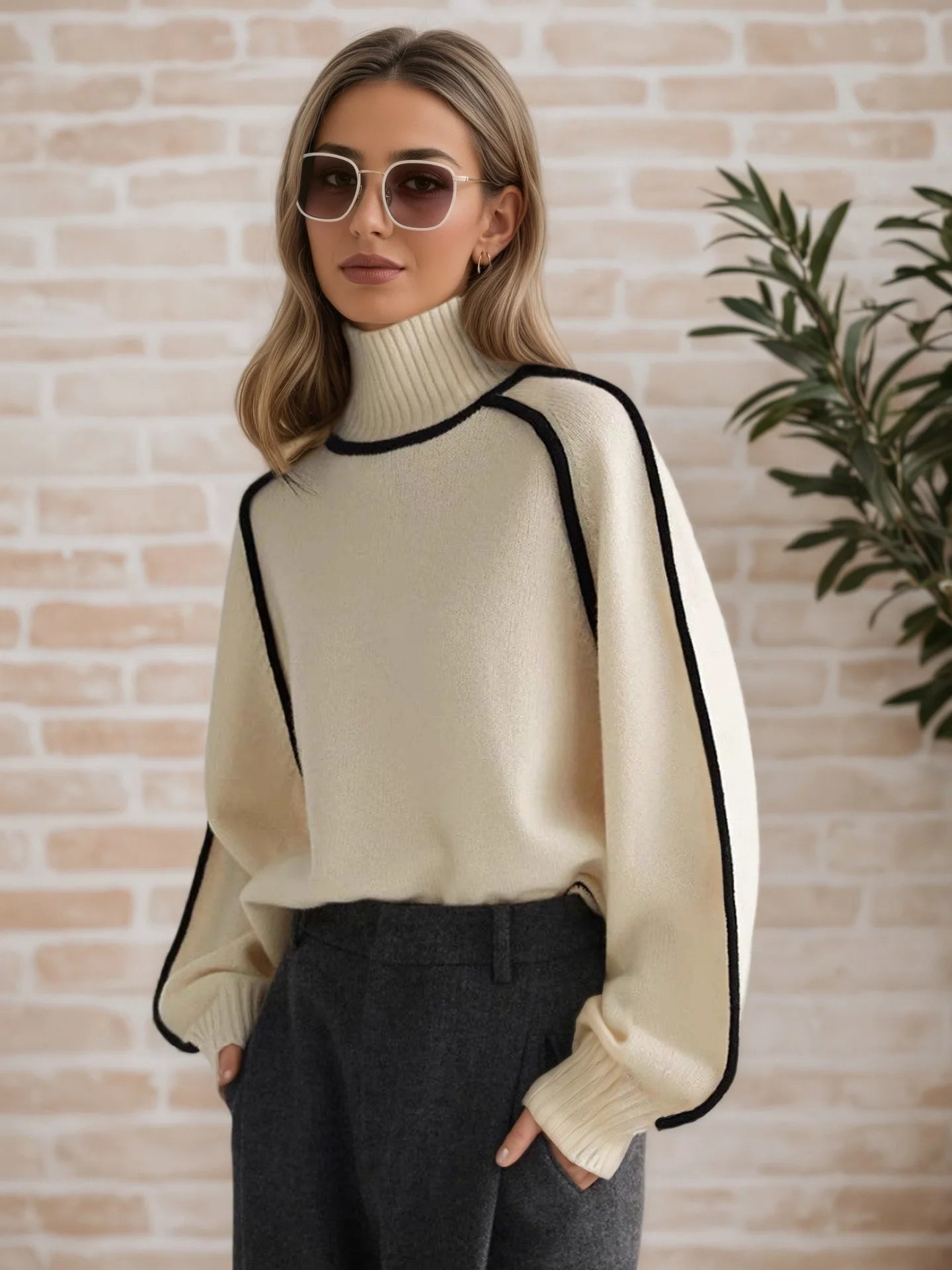 Fashion Basic Autumn Winter Color Matching Emperament Sweater High Neck Office Pullover Solid Soft Long Sleeve Clothing Tops