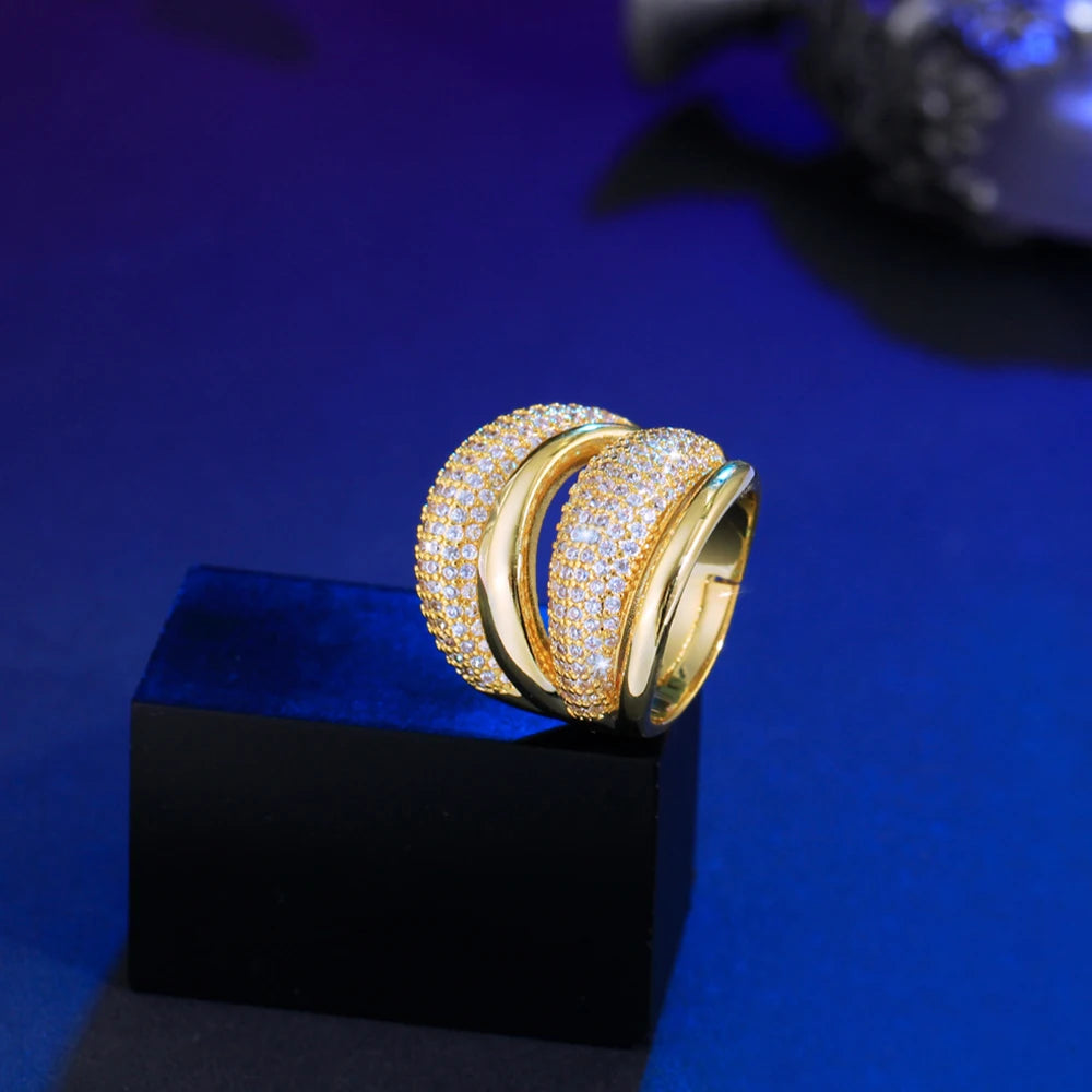 CWWZircons Adjustable Cubic Zirconia Bold Big Statement Ring for Women Luxury Gold Color Bridal Engagement Wedding Jewelry J0129