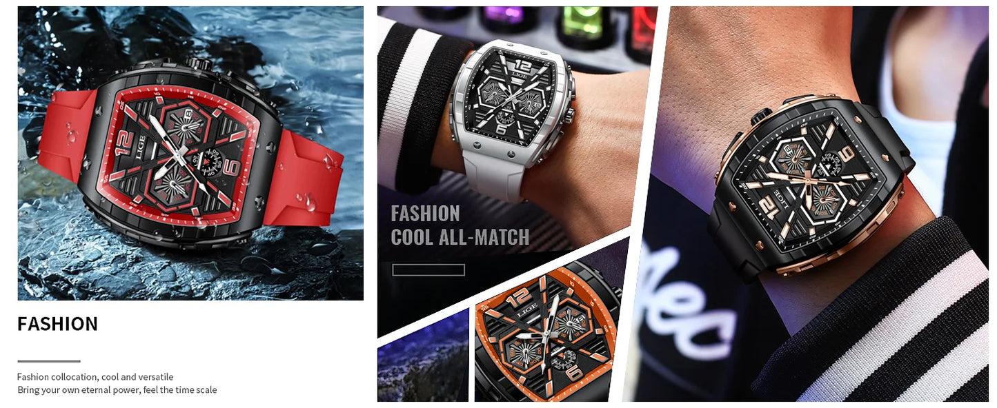 LIGE Top Brand Men's Watches Luxury Square Quartz Wristwatch Waterproof Luminous Chronograph Watch for Men Date Clock