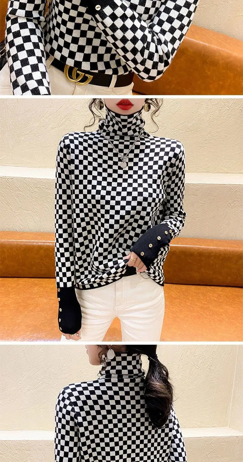Women's Clothing Elegant Fashion Plaid Knit Pullovers Autumn Winter Vintage All-match Long Sleeve Patchwork Sweater Lady Y2k Top
