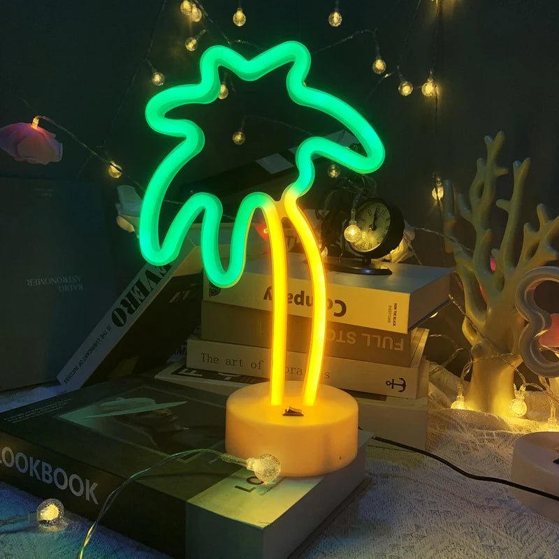 Coconut Palm Tree Neon Signs Light with Holder Base LED Table Lamp Battery/USB Powered Palm for Home Christmas Party Decoration