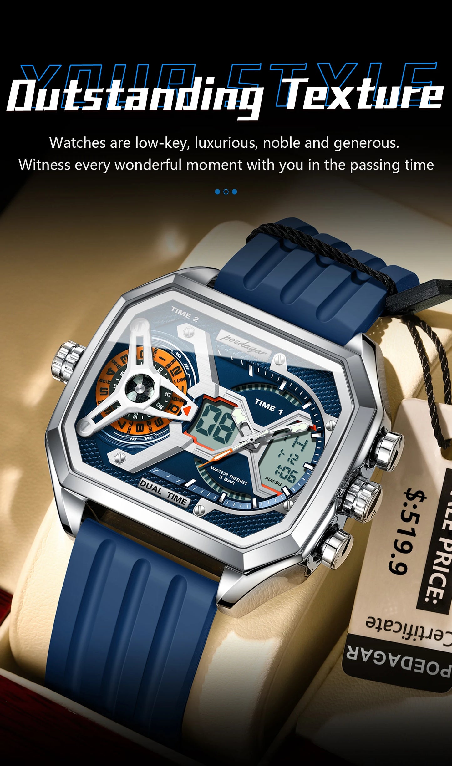 POEDAGAR Top Luxury Men Clock LED Calendar Week Luminous Man Wristwatch Electronic Rectangle Silicone Strap Quartz Men's Watches