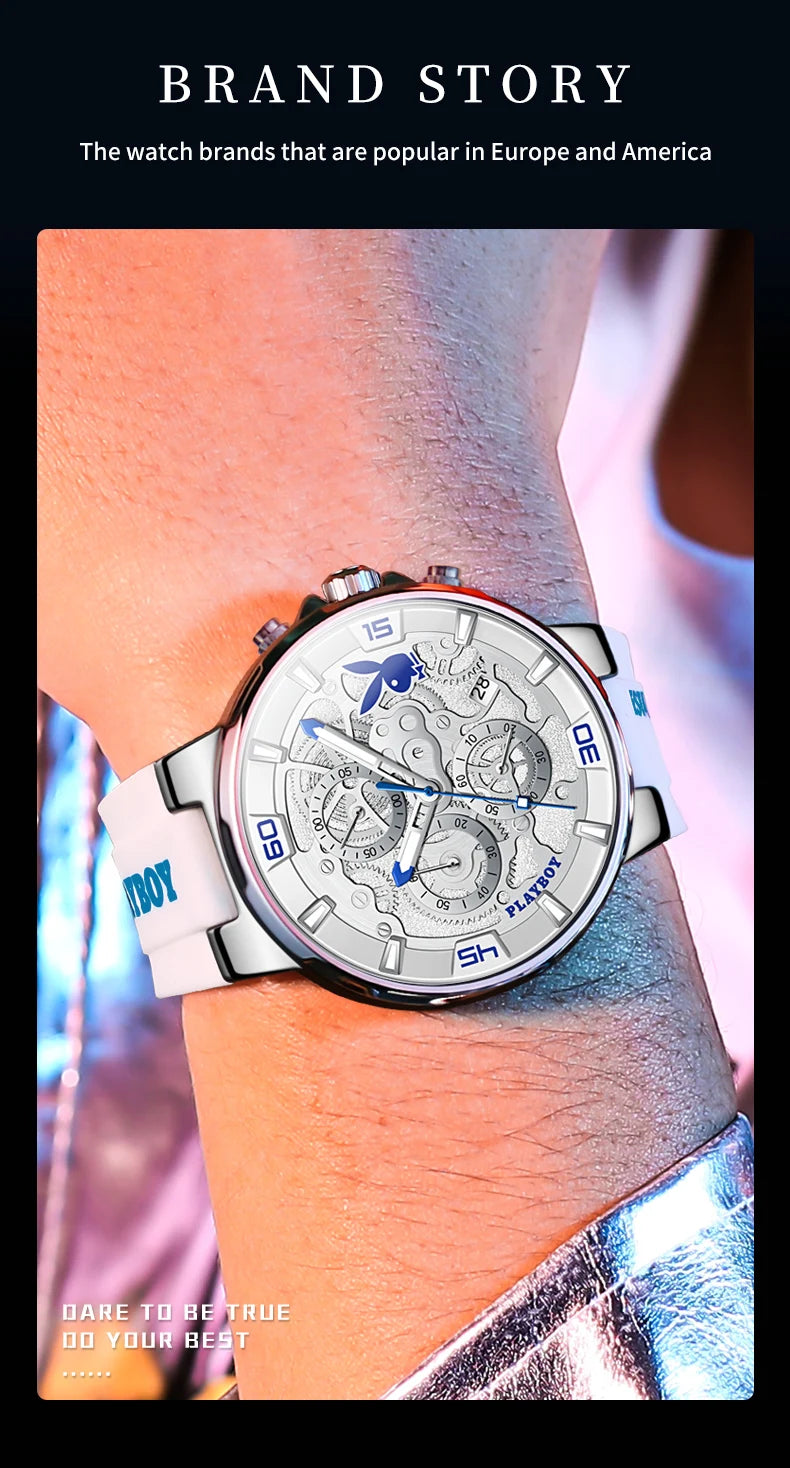 PLAYBOY Top Brand Trend Quartz Watch for Men Original Silicone Strap Men's Watches Waterproof Calendar Multifunction Male Watch