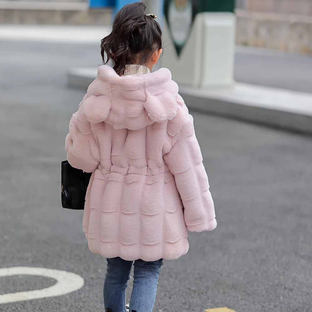 Girls Faux Mink Fur Coat Winter Children Girls Long Sleeve Hooded Christmas Jacket Super Warm  Kids Girls Coat Girls Outerwear