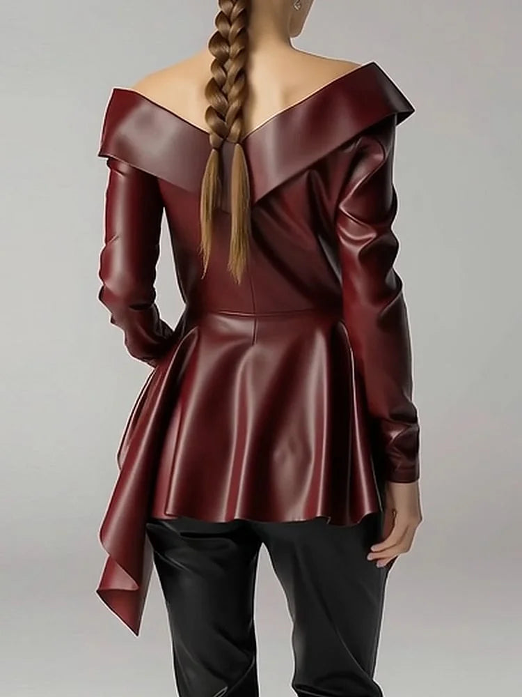 Fashion Women's Leather Top Off Shoulder Wrap Ruched Asymmetrical Hem Long Sleeve Leather Top High Street Autumn Streetwear
