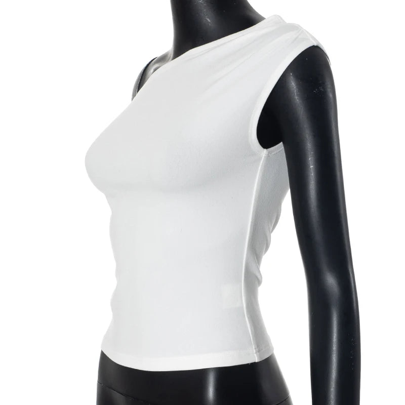 CUTENOVA 2024 Women'S Summer Ins Style New Shrink Pleated One-Shoulder Crop Top Backless Twist Tie Asymmetric T-Shirt Casual Top