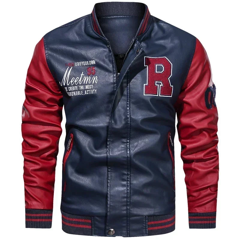 Men's American Leather Baseball Jacket Casual Color Block PU Pilot Coat Spring Autumn Leather Jacket Motorcycle Suit Jackets Men