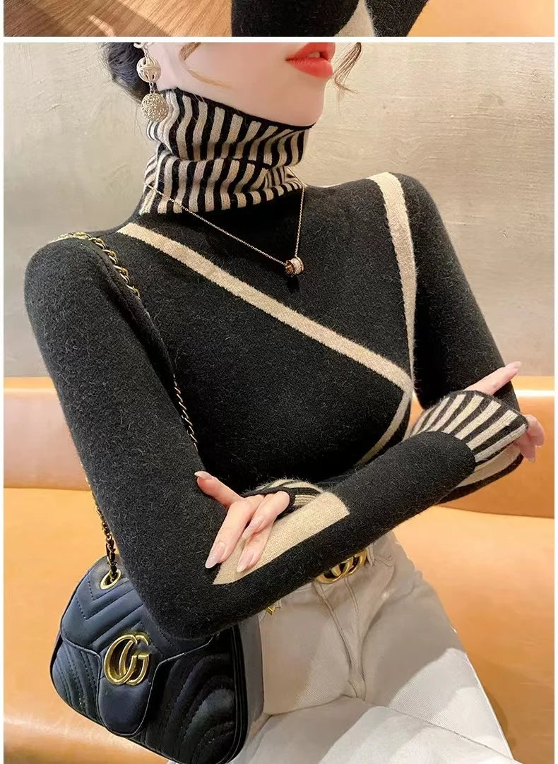 Women's Clothing Fashion All-match Turtleneck Long Sleeve Sweaters Autumn Winter Elegant Chic Slim Knit Pullovers Lady Y2k Tops