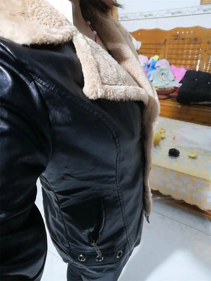 2022 New Winter PU Leather Jacket Women Short Blazers Coat Fleece Double-faced Fur Leather Outerwear Lady Slim Suit Tops Jackets