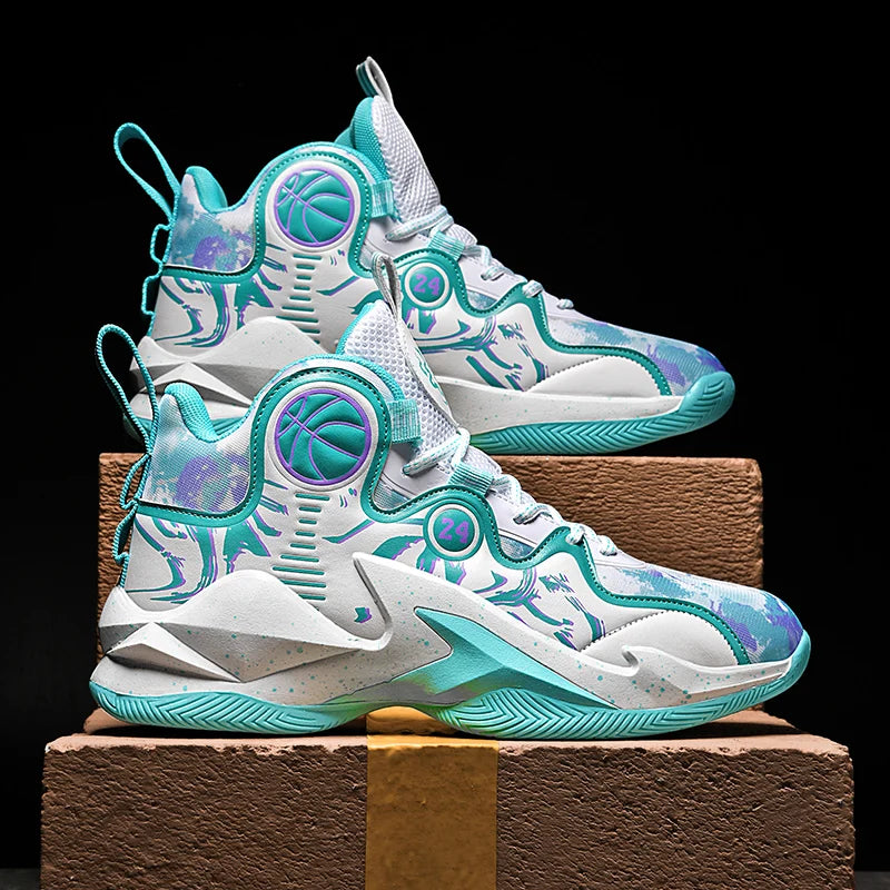 Men Basketball Shoes Soft Sole Cushioning Anti-Slip Sports Shoes Flat Comfortanle High-top Leather Basketball Boots for Man